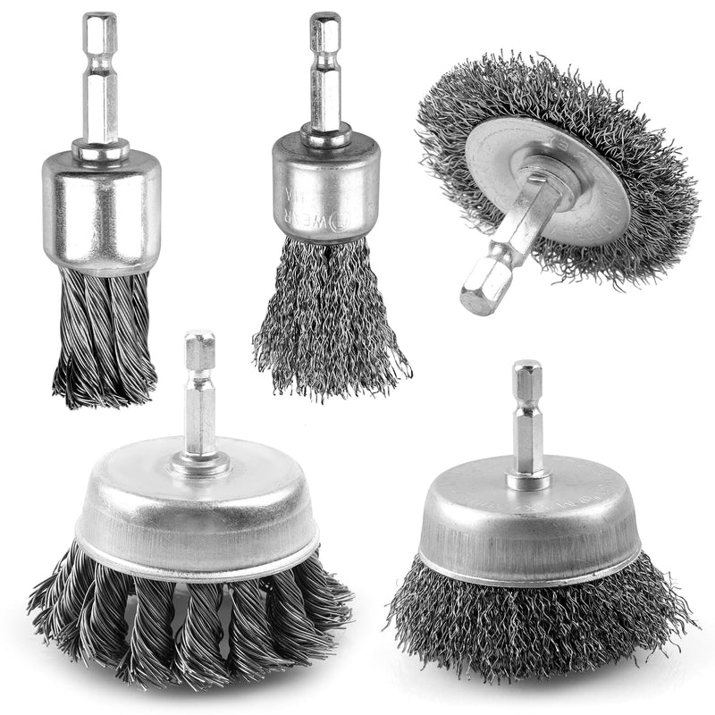 [Australia - AusPower] - 5 Pcs Drill Wire Brush Set, Heavy Duty Wire Brush Wheel for Drill, 1/4'' Hex Shank Wire Brush Drill Attachments Coarse Carbon Steel Crimped, Great for Cleaning Rust, Paint, Abrasive 5pcs(Twisted & Carbon Steel Wire) 
