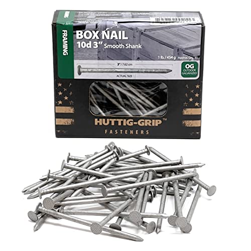 Huttig-Grip 3 in Framing Box Nails 10d Size, 10-1/2 Gauge, Outdoor Galvanized Finish, 1 lb Pack of 85 Nails 3 in - 1 lb Pack