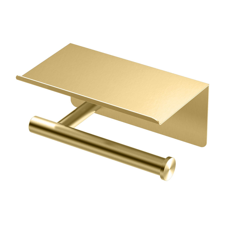 Gatco 1420B Latitude II Toilet Paper Holder with Phone Shelf, Brushed Brass, Wall-Mounted Bathroom Tissue Holder, Modern Functional Design