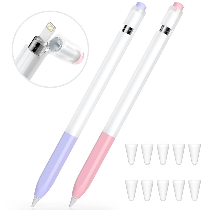 [Australia - AusPower] - JOOSKO Pencil Case Compatible with Apple Pencil 1st Generation Case, [2 Pack] Soft Silicone Pencil Case， [with 10 Pencil tip Cover] for Apple Pencil 1st Generation. (Pink, Purple) Pink, Purple 