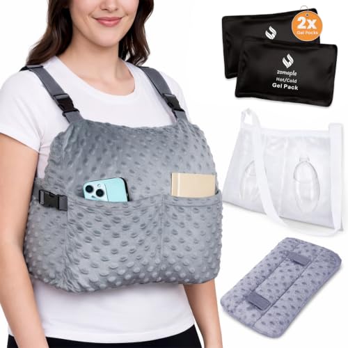 Zomaple Mastectomy Recovery Pillow + Strap, 2 Gel Pack, Seat Belt Cover & Shower Lanyard – Post-Op Essentials, Breast Augmentation/Reduction & Mastectomy Recovery Supplies – Washable Cover for Comfort Grey Regular Gelpacks