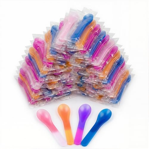 Set of 80 Gugowin color-changing dessert spoons in pink, blue, orange, and purple, individually wrapped for ice cream and desserts.