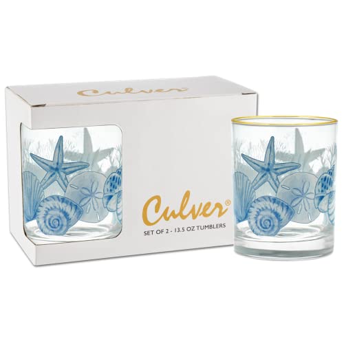 Culver 22k Gold Rim Blue Coastal Beach Shells DOF Double Old-Fashioned Glasses, 13.5-Ounce, Gift Boxed Set of 2