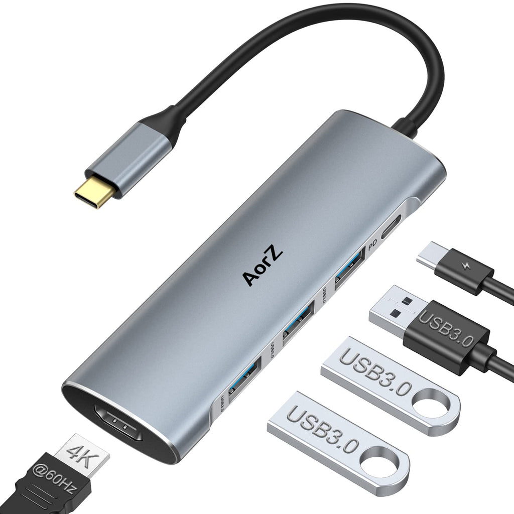 [Australia - AusPower] - USB C Hub, USB C Dongle 4K60Hz Adapter, AorZ 5 IN 1 USB C Hub Multiport HDMI Adapter with 100W Power Delivery, 1*4K@60Hz HDMI Output, 3*USB3.0 Ports for MacBook Pro Air Dell Hp and Most Type C Devices Grey 