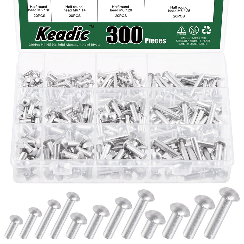 [Australia - AusPower] - Keadic 300Pcs 12 Sizes Solid Aluminum Brazier Head Rivets Assortment Set, M4 M5 M6 10mm 14mm 20mm 25mm Length Aluminum Rivets Fastener for Household Machinery Automobile Industry 