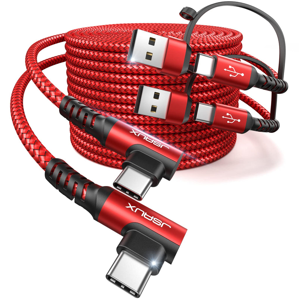 [Australia - AusPower] - JSAUX 100W USB C Cable [2-Pack 10FT], USB C to USB C Cable Type C Charger Cord Right Angle 5A Fast Charging Cable Compatible with iPad Pro/Air, MacBook Pro/Air, Galaxy S23 S22 S21 Note 20, Pixel-Red Red 