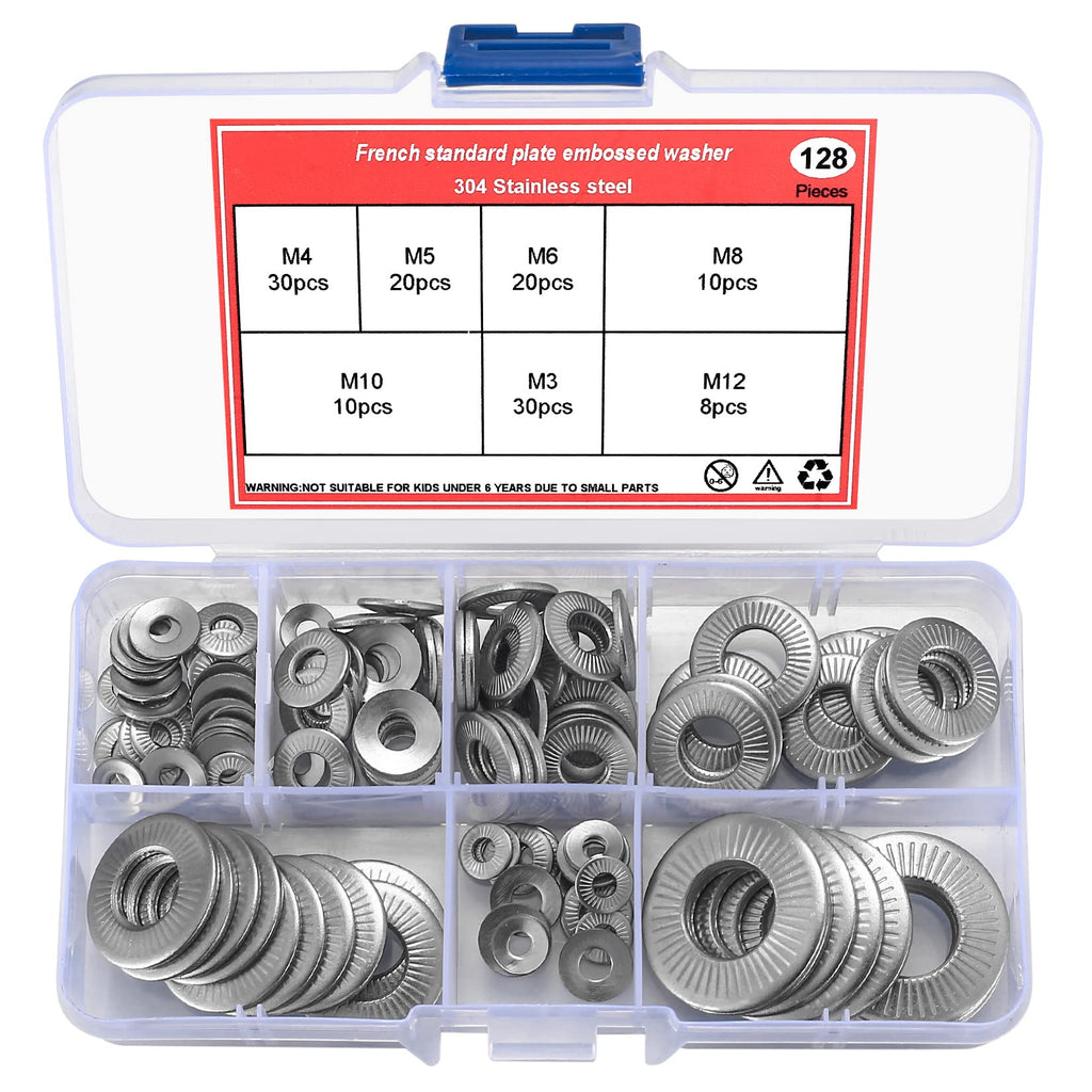 128 Pcs Belleville Washer, Conical Knurled Spring Washers, Stainless Steel Coned-disc Spring Washers, Disc Cupped Spring Washers Assortment Set, Metric M3/M4/M5/M6/M8/M10/M12 Silver 128pcs