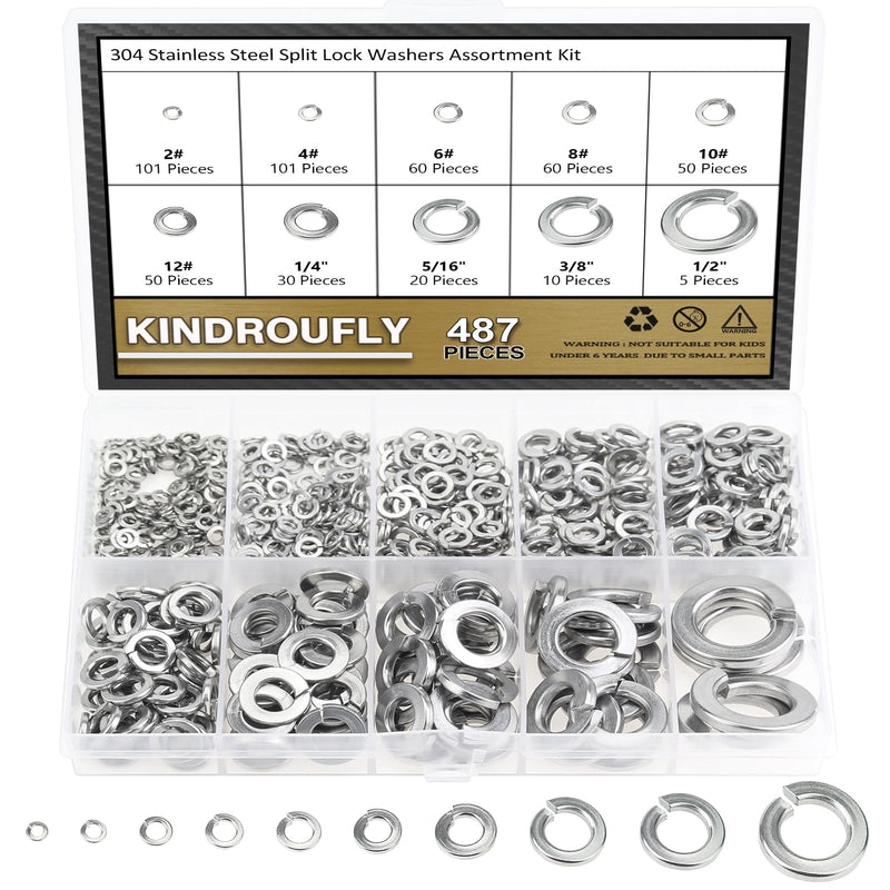 [Australia - AusPower] - 487 Pieces 304 Stainless Steel Lock Washers, Split Lock Washers, Kindroufly 10 Sizes Spring Lock Washers, Lock Metal Washers Assortment Kit, 1/2" 3/8" 5/16" 1/4" 12# 10# 8# 6# 4# 2# 2# to 1/2" Lock Washers, 10 Sizes 