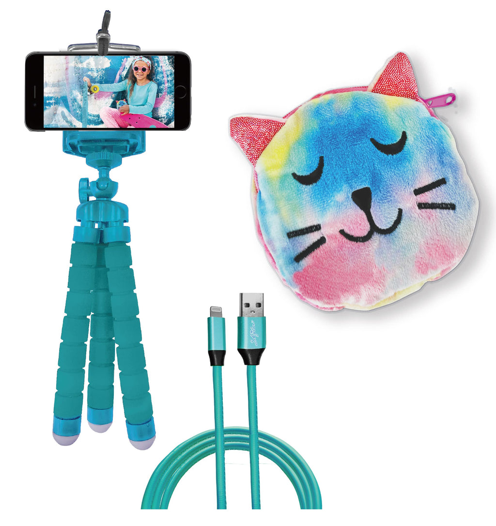 [Australia - AusPower] - 3-Piece Smartphone Accessory Kit for Kids – Flexible Tripod, 6ft. Charging Cable, Plush Cat Carrying Case (Lucky Kitty) – Vlogging, Influencer Kit for Kids Lucky Kitty Pouch 