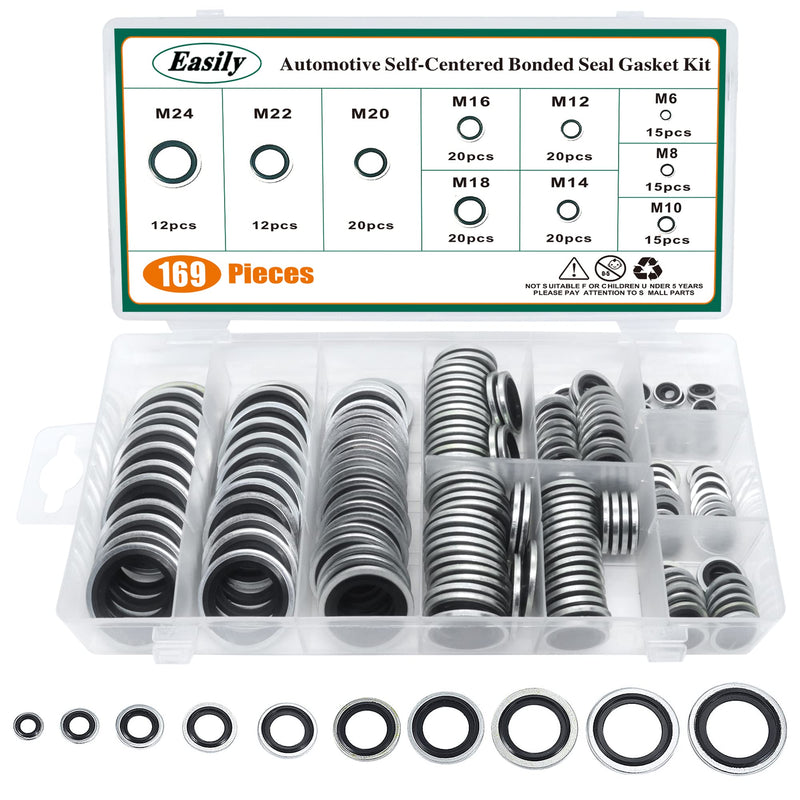 [Australia - AusPower] - 169PCS Automotive Self-Centered Bonded Seal/Gasket Assortment, Bonded Washer 10 Sizes, M6 to M24 