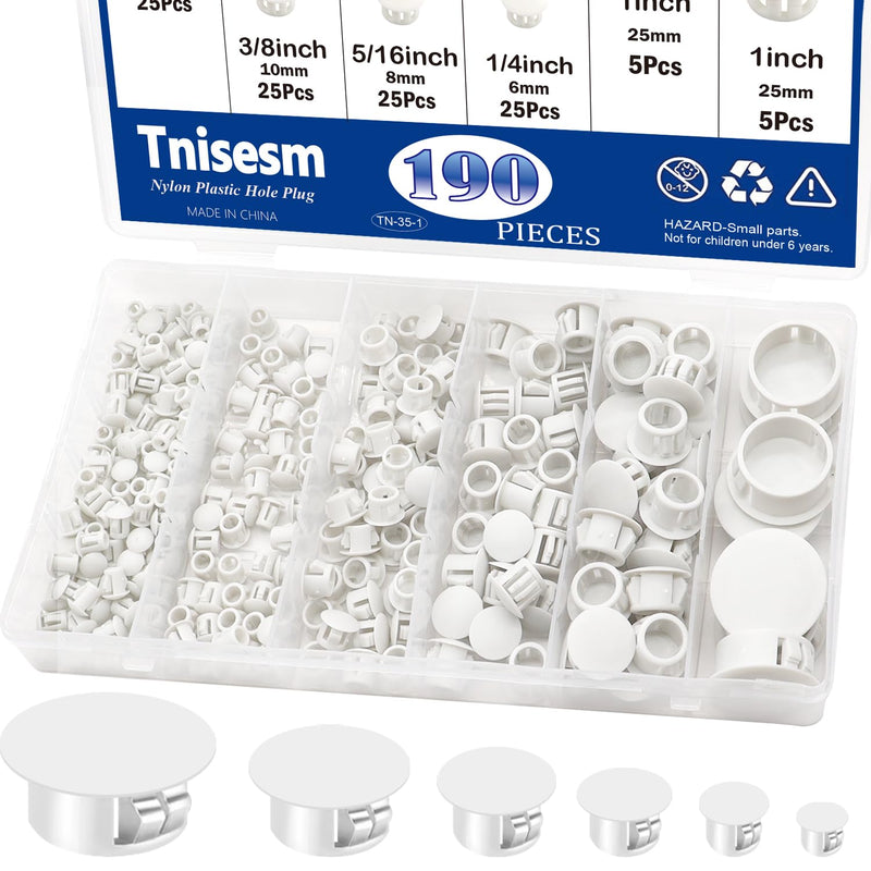 Tnisesm 190Pcs 9 Sizes Nylon Plastic Hole Plugs 1/5" 1/4" 5/16" 3/8" 1/2" 5/8" 3/4" 7/8" 1" Round Drill Hole, Flush Type Panel Knockout Locking Plugs,Screw Covers for Furniture Cabinet Insert End Caps 9SIZE(1/5" -1"Klts)