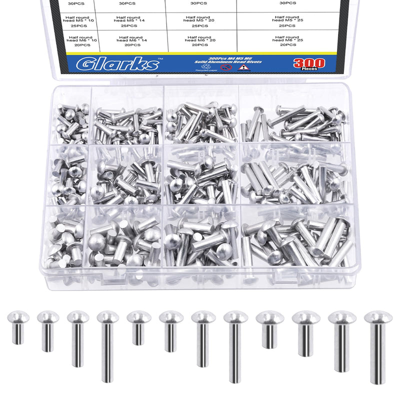 [Australia - AusPower] - Glarks 300Pcs M4 M5 M6 Aluminum Brazier Head Solid Rivets Length 13mm 14mm 20mm 25mm High-Strength Solid Brazier Rivets Fasteners for Metal Joining and Repair G-3147 