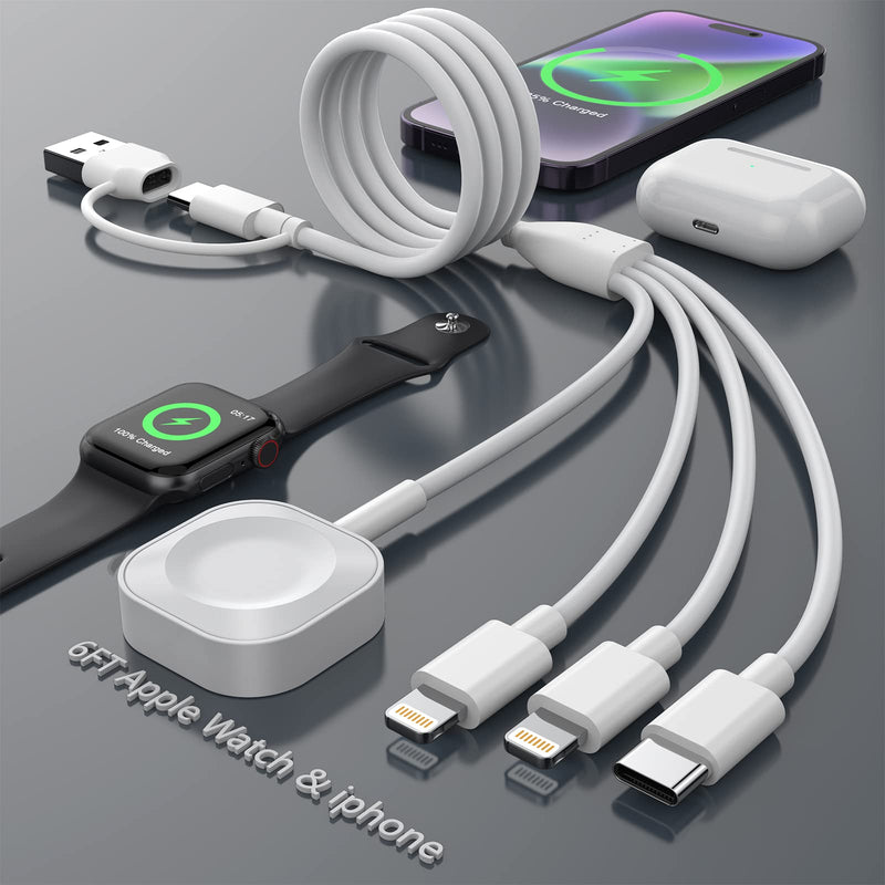 [Australia - AusPower] - Opluz Apple Watch Fast Charger Cable 6FT Travel Charger for iPhone and Apple Watch Portable iwatch Charger iPhone Multi Charger 4-in-2 Apple Charger for iwatch/iPhone/Airpods/ipad/Android MY-HDK152 