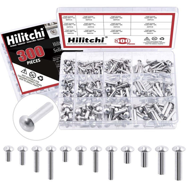 [Australia - AusPower] - Hilitchi 300Pcs M4 M5 M6 Solid Aluminum Head Rivets with Storage Case, Brazier Head Rivets 