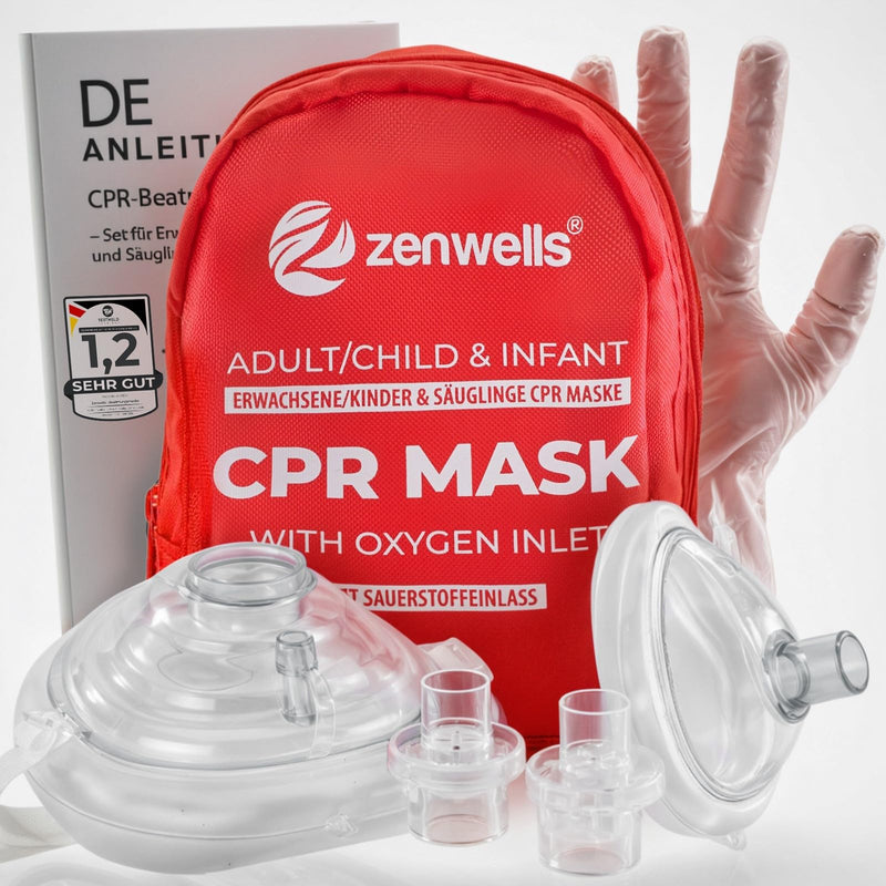 CPR Respiratory Mask First Aid Set for Adults / Children and Infants - Pocket Mask in Soft Case (Red) with Self-Valve and Oxygen Inlet