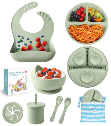 Silicone Baby Feeding Set, BPA Free Baby Dishes Set with Suction Bowl Divided Plate, Adjustable Bib, Soft Spoons and Forks, Cup, Travel Bag, BPA-free, Microwave and Dishwasher Safe, 6 month+ (Green) Dark Green