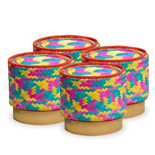 Mini Bamboo Sticky Rice Serving Basket Set – 4-Piece 4" Diameter Thai Wicker Kratip, Handmade Bamboo Sticky Rice Container, Food Safe for Authentic Thai Cuisine