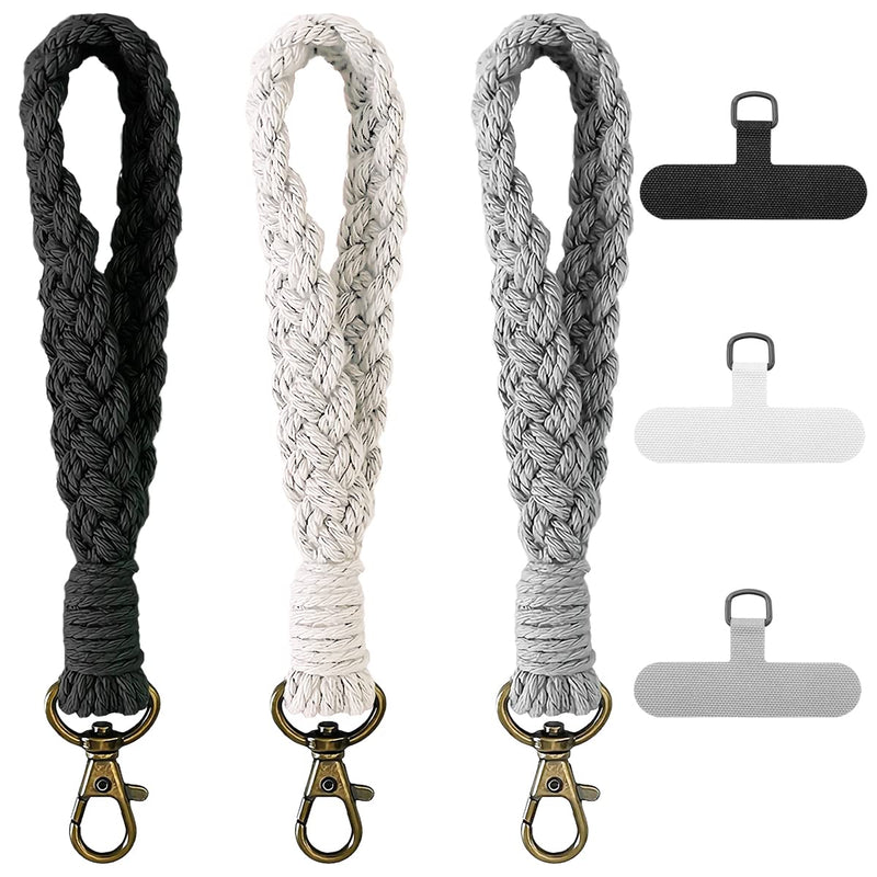 [Australia - AusPower] - 3 Pack Boho Macrame Phone Wrist Strap with 3 Pcs Phone Tether Tabs, Cell Phone Lanyard Bracelet Handmade Smartphone Wristlet Keychain with Universal Strap Keyring Holder Connector Patch for Women Men Multicolored 