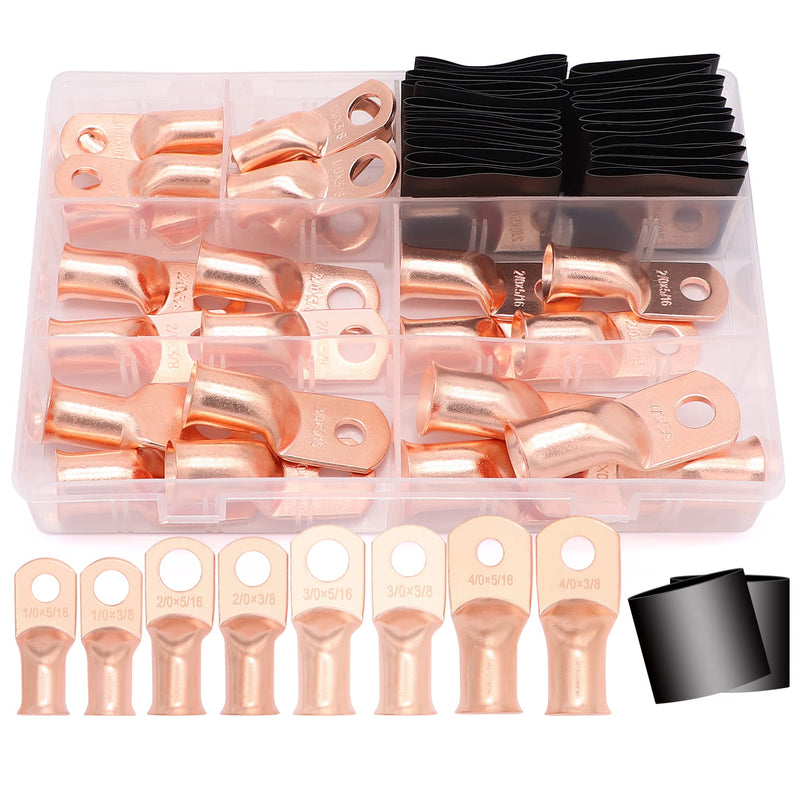 48PCS Battery Terminal Connectors Cable Ends,AWG 1/0 2/0 3/0 4/0 Crimp Copper Wire Ring lugs with Heat Shrink Tubing Assortment Kit AWG1/0 2/0 3/0 4/0