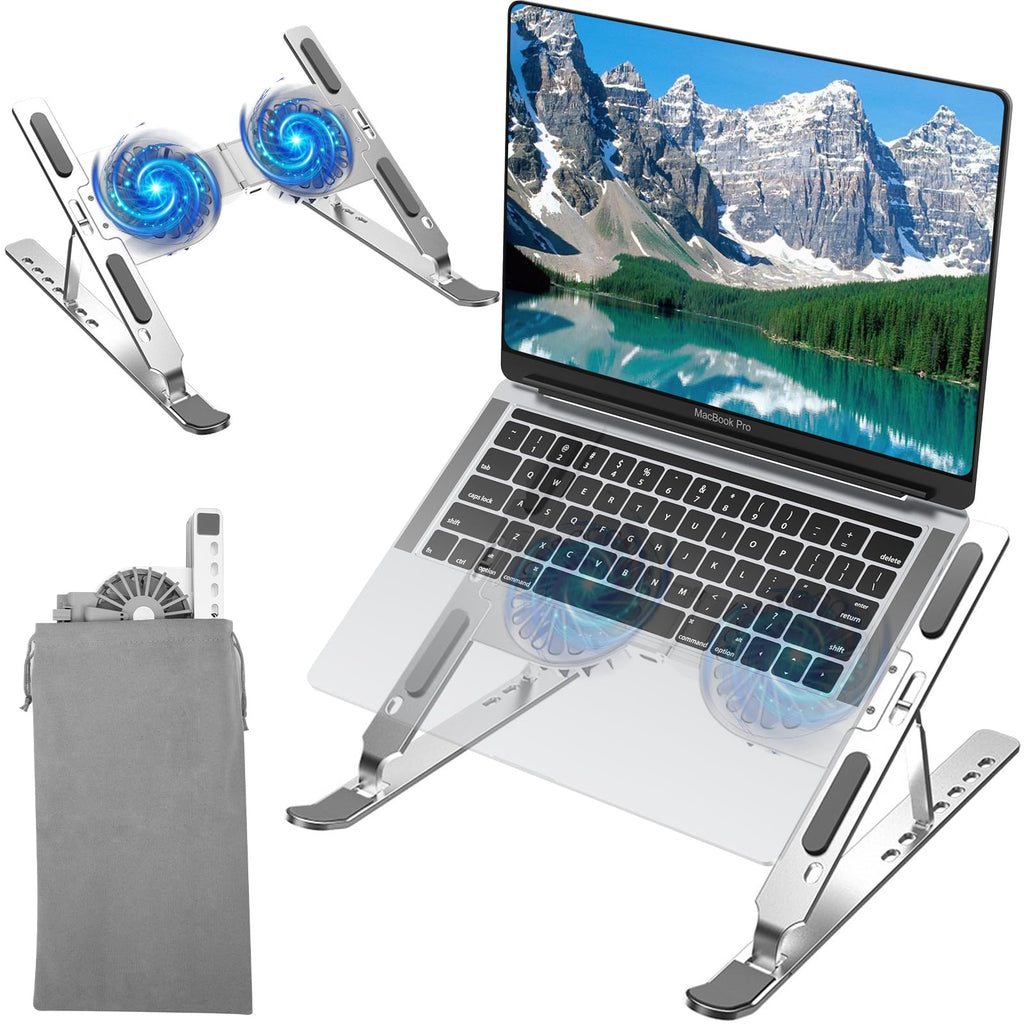 [Australia - AusPower] - avakot Laptop Stand with Fan | Laptop Stand for Desk Adjustable Height Lightweight Portable Fordable | Aluminum Computer Laptop Cooling Stand for MacBook Pro/Air, iPad, Laptops 9-15.6 Inch | Silver Fan-Silver 