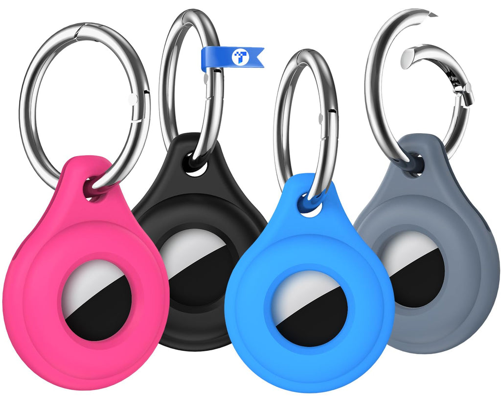 [Australia - AusPower] - 2024 Newest 4 Pack AirTag Holder Compatible with Apple AirTag, AirTag Case with Keychain, Multi-Color Protective Silicone AirTag Accessories Tracker Cover for Kids, Keys, Pets Collar, Luggage Grey/Light Blue/Rose/Black 