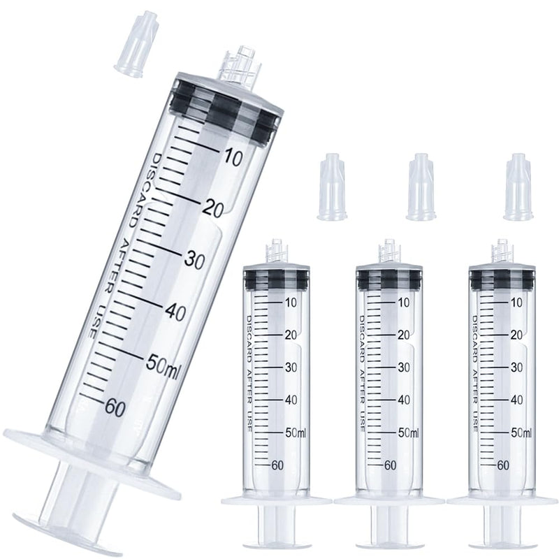 [Australia - AusPower] - 60mL Luer Lock Syringe 4 Pack Large Plastic Sterile Syringes without Needle, for Liquid, Oral, Measurement, Dispensing, with Cap 50mL/60cc 