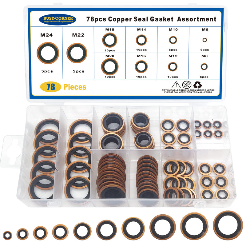 [Australia - AusPower] - 78 PCS 10 Sizes Copper Metric Bonded Seal Dowty Washer, Automotive Self-Centred Dowty Seal Gasket Assortment, M6/8/10/12/14/16/18/20/22/24 