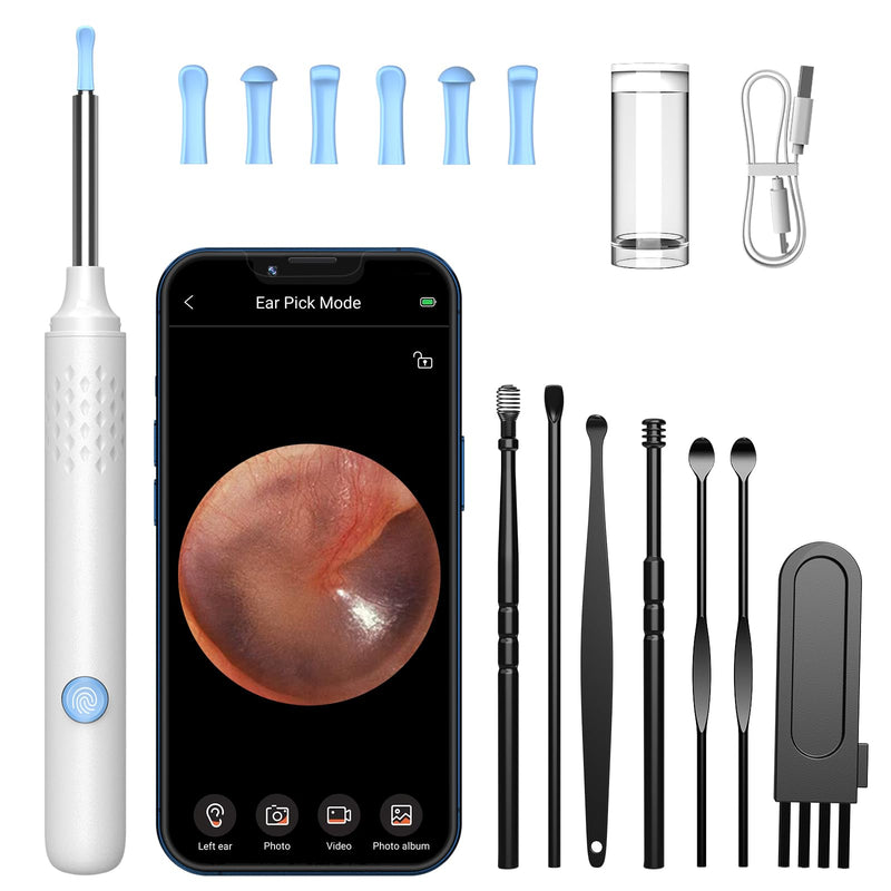 [Australia - AusPower] - Ear Wax Removal, Ear Cleaner with 7 Pcs Ear Set, Ear Wax Removal Tool Camera with 1080P Ear Otoscope & 6 LED Lights, Wireless Ear Pick for Ear Cleaning with 6 Ear Spoons White 