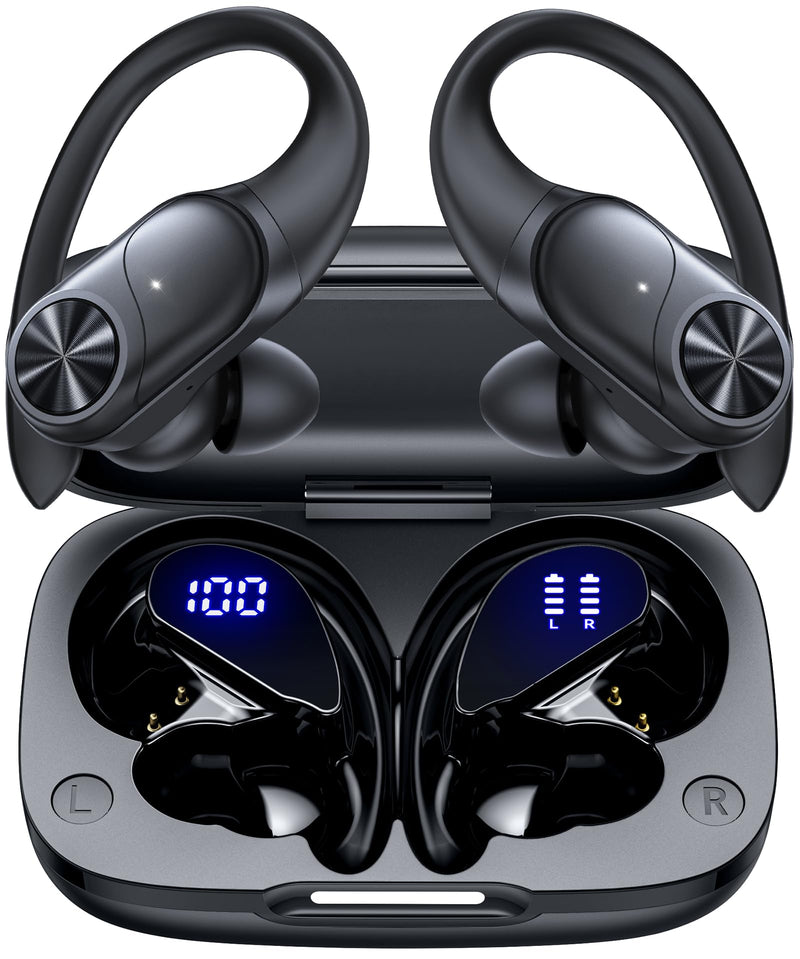 [Australia - AusPower] - Bluetooth Headphones Wireless Earbuds 80hrs Playtime Wireless Charging Case Digital Display Sports Ear buds with Earhook Premium Deep Bass IPX7 Waterproof Over-Ear Earphones for TV Phone Laptop Black M 