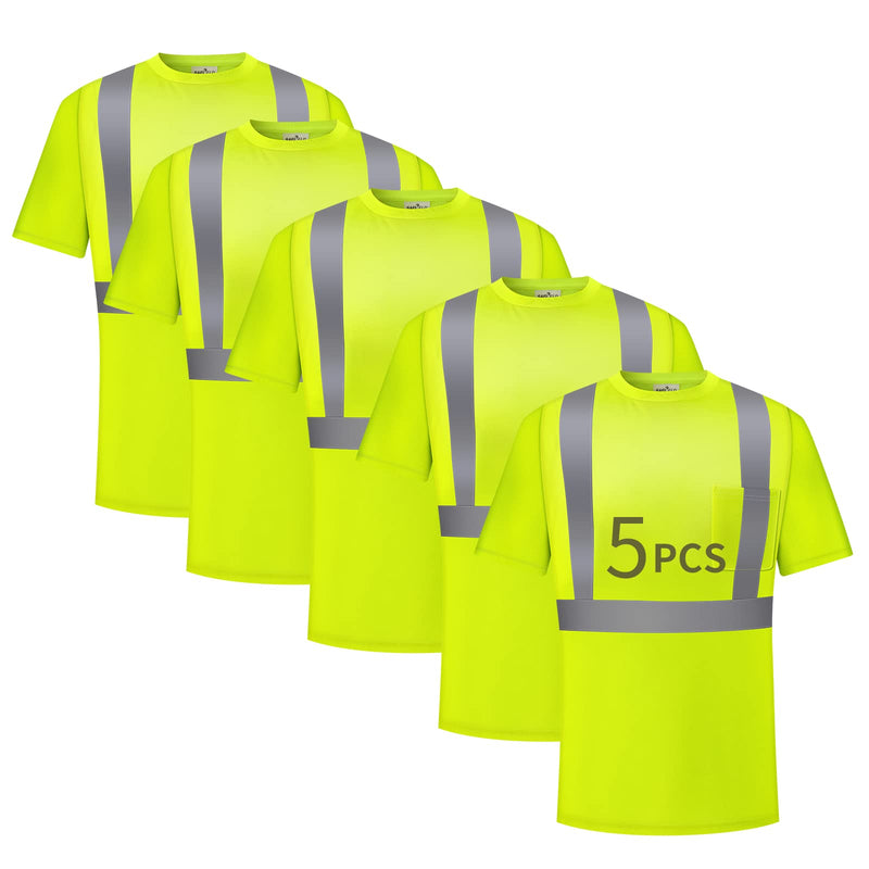 Hi Vis Safety Shirts for Men Reflective,High Visibility Work T-Shirt Short Long Sleeve with Pocket, 3 and 5 Pack Large Neon Yellow-5p