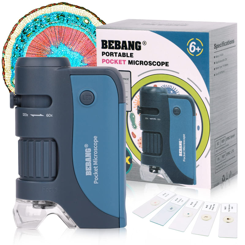 [Australia - AusPower] - Pocket Microscope, 60x-120x Handheld Mini Microscope Kids with LED Lights, 5 Slides Specimens, BEBANG Portable Microscope for Kids Student Adults Microbiological Observation Lab Study, Educational Kit Blue-120X 
