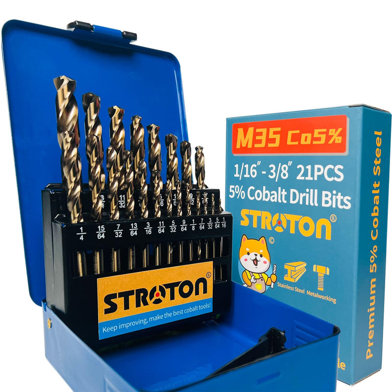 5% Cobalt Drill Bit Set (1/16-3/8 Inch, 21PCS) for Stainless Steel, Hard Metal, Cast Iron, Plastic and Wood, M35 Hss Heavy Duty Twist Steel Drill Bits Index. 1/16"-3/8" (21PCS)