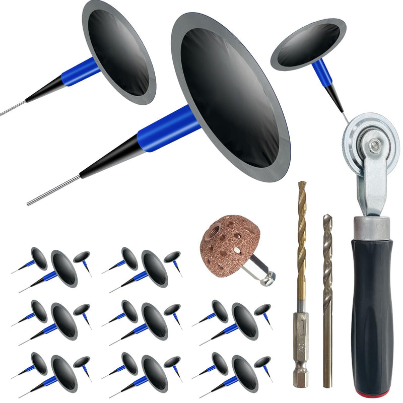 [Australia - AusPower] - Tire Repair Patch Tool Kit Including 24pcs Tire Patch Plugs, Tungsten Buffing Wheel, Tire Patch Roller with 4mm Twist Drill Bits for Vehicle Tire Repair Kit 