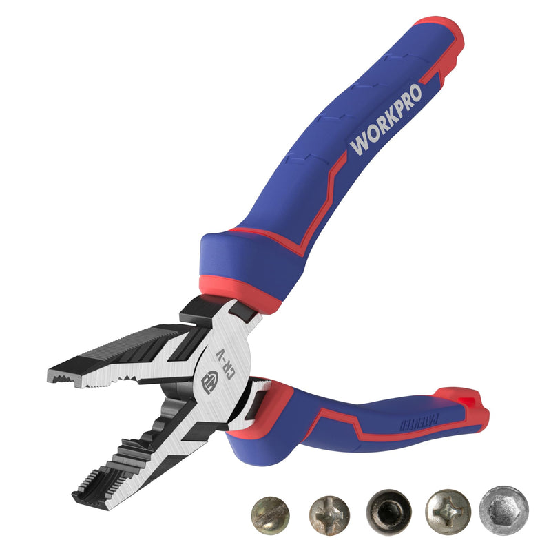 [Australia - AusPower] - WORKPRO 8" Linesman PRO Screw Extractor Pliers(Combination Pliers) with Unique Non-slip Jaws, Stripped Screw Remover Tool, Lineman Pliers for Quickly Removal of Damaged or Rusted Fasteners 