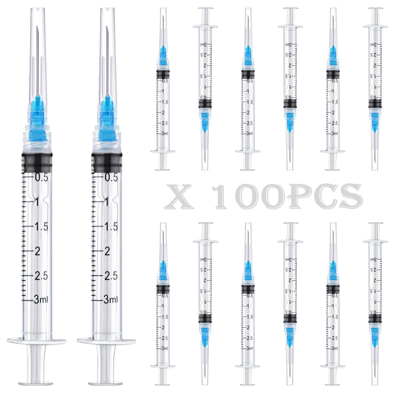100PCS -3ml Luer lock Syringes with 23ga Needles, Individually Packaging Disposable Plastic Syringes and Needles for Scientific Labs, Industrial, Animal and Pet Supplies 3ml/23ga/100pcs