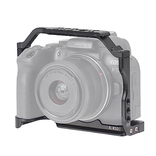 FocusFoto Camera Cage for Canon EOS R10 Mirrorless Camera, Aluminium Video Rig with NATO Rail, Cold Shoe, 1/4" Screw Mouting, 3/8"-16 Locating Pins for Arri Grip, Quick Release Plate for Arca Tripod