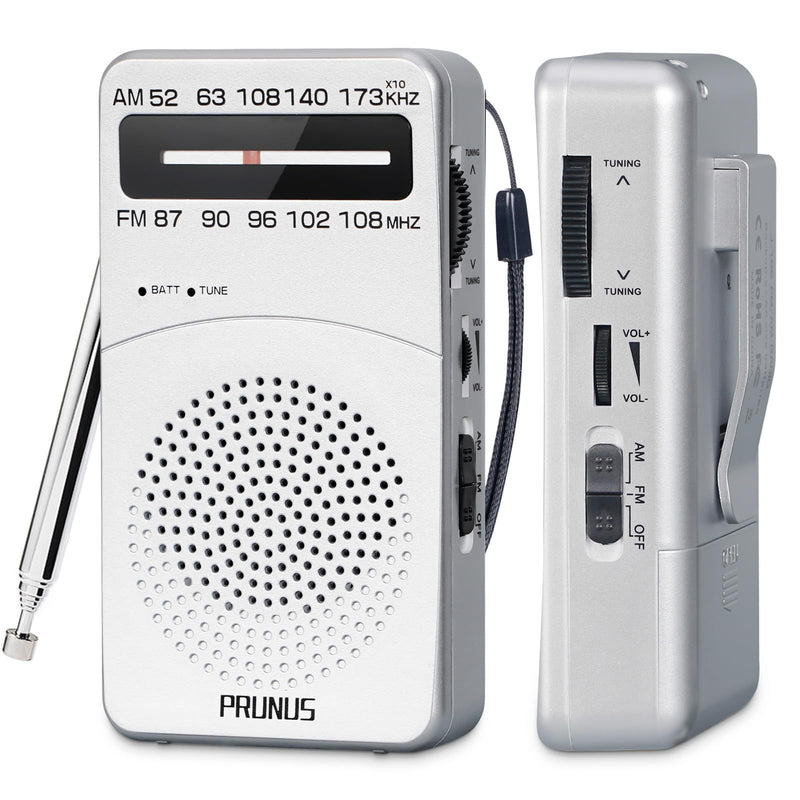 [Australia - AusPower] - PRUNUS J-166 Portable Radio AM FM, Battery Operated Radio with Tuning Light, Back Clip, Excellent Reception for Indoor & Outdoor & Emergency Radio, AM FM Radio Portable, Transistor Radio Silver 