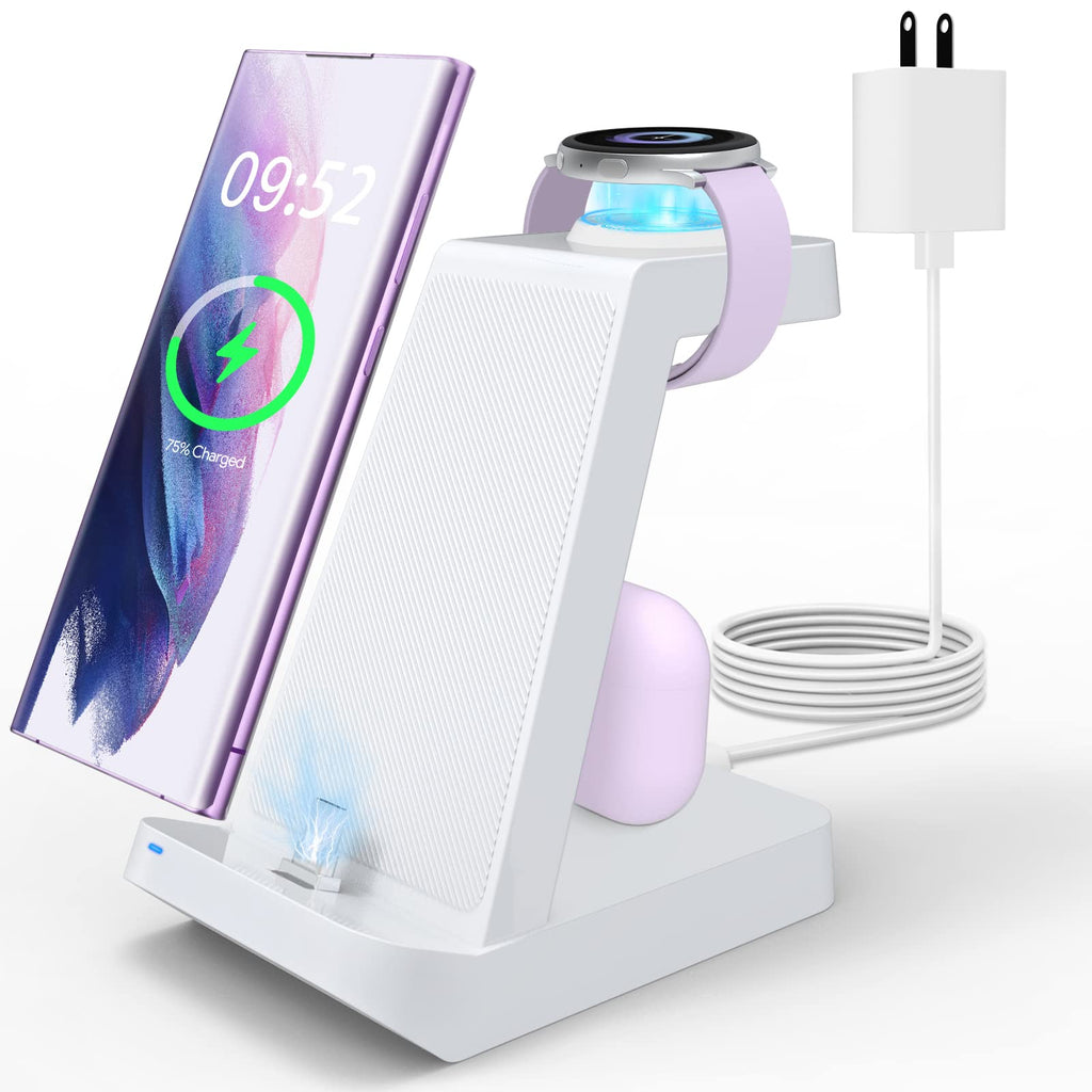 [Australia - AusPower] - Charging Station for Samsung: 3 in 1 Fast Wireless Charger Samsung Charging Station for Samsung S23 S22 Ultra S21 Z Fold 4 Z Flip 4 Watch 5 Pro 5/4/3/Active 2/1 Galaxy Buds with Friendly Charge Lamp White 