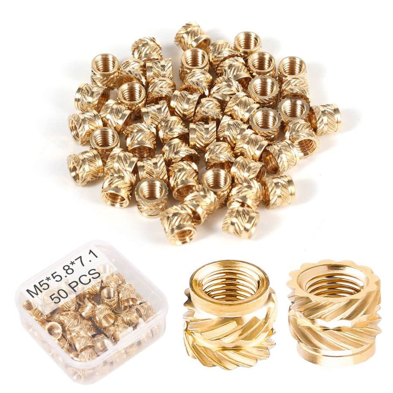 [Australia - AusPower] - 50pcs 3D Printing Brass Nuts, M5x5.8x7.1mm M5 Threaded Insert Knurled Brass Nuts Female Thread Knurled Heat Embedment Nut for 3D Printing Parts Loptop Automotive Plastic Shell 