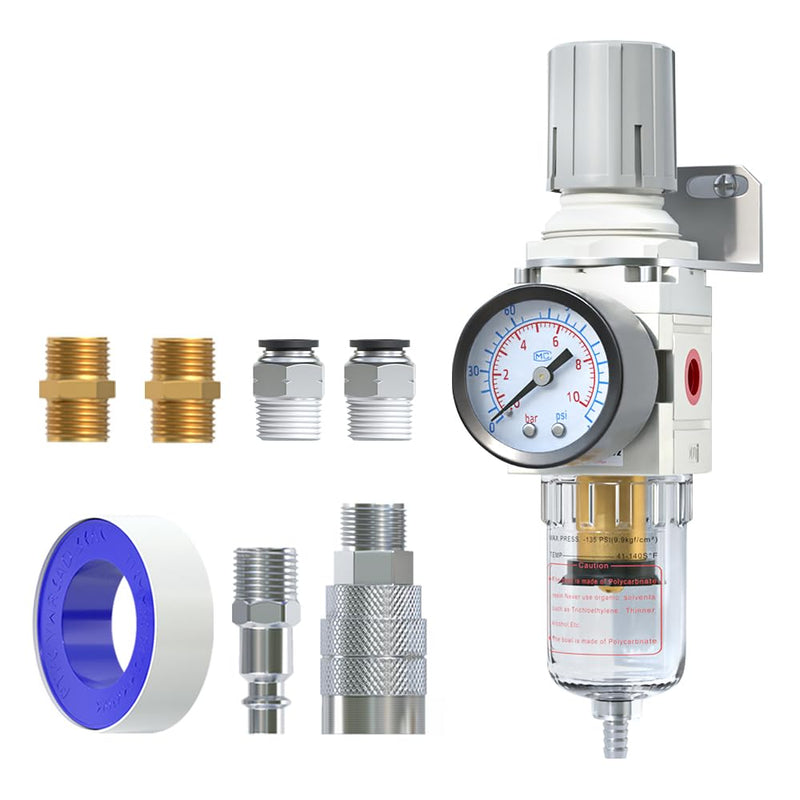 [Australia - AusPower] - 1/4"NPT Air Filter Regulator Combo Piggyback,5 Micron Brass Element, Semi-Auto Drain,Air Pressure Regulator AW2000-02,0-150 psi Gauge 1/4" NPT 