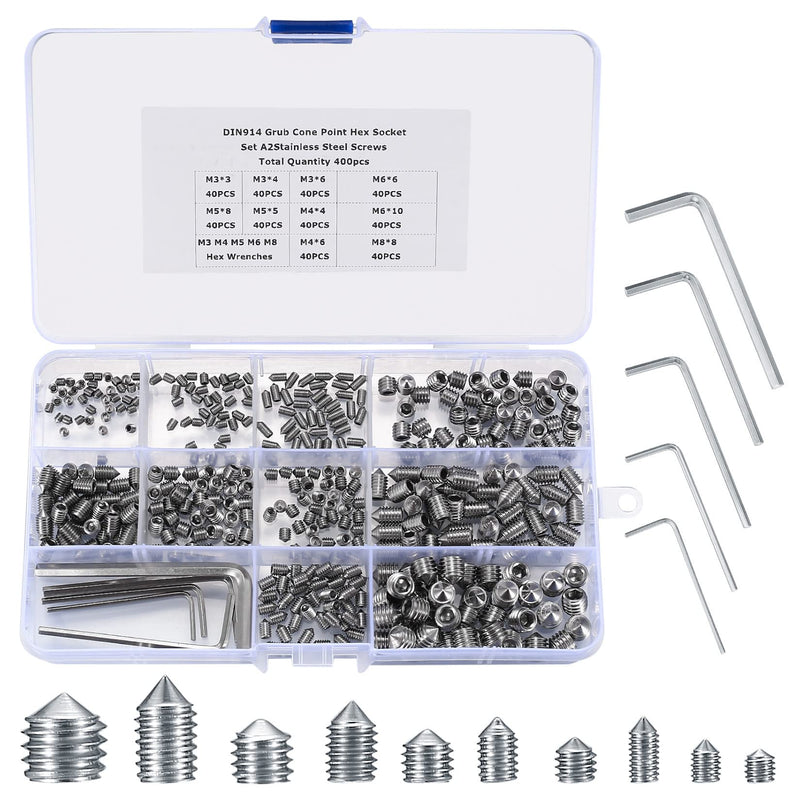 [Australia - AusPower] - 400 Pcs Set Screw Assortment Kit, Hex Allen Head Socket Cup Point Screws Set, Metric M3/M4/M5/M6/M8 nternal Hex Drive Grub Set Screws for Door Handles, Bathroom Fixture, with Hex Wrenches 
