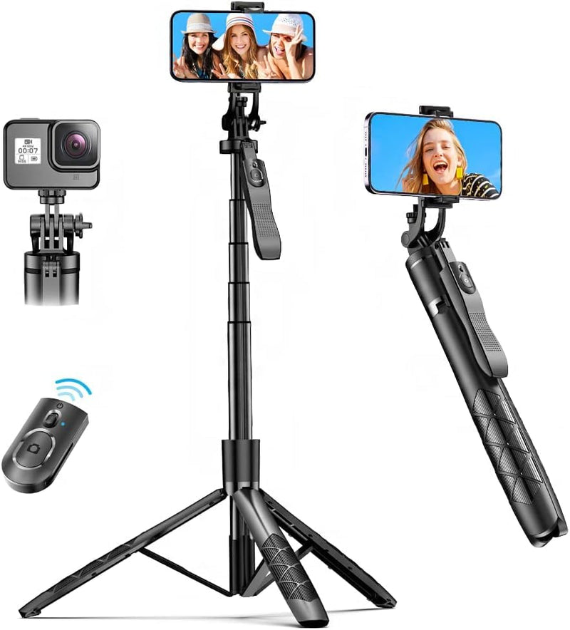 [Australia - AusPower] - Bodur Selfie Stick Tripod with Wireless Remote - 360° Rotation Phone Stand with Mini Double Light, Compatible for iPhone and Android, Lightweight and Portable Perfect for Photos and Videos 