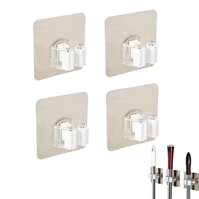 Broom Holder Wall, Pack of 4 Wall Mount Broom No Drilling Broom Holder Self-Adhesive Wall Device Holder Broom Mop Holder Broom Mop Holder for Home Kitchen Bathroom Garden Garage