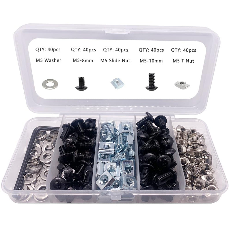 [Australia - AusPower] - 200Pcs Black T Slot Nut Kits for 2020 Series Aluminum Extrusion,40Pcs M5x10,40Pcs M5x8 Hexagon Socket Screws,40Pcs M5 T Sliding Nut,40Pcs M5 T Nut,40Pcs Washers 200pcs Black Nut and Screw Kits 