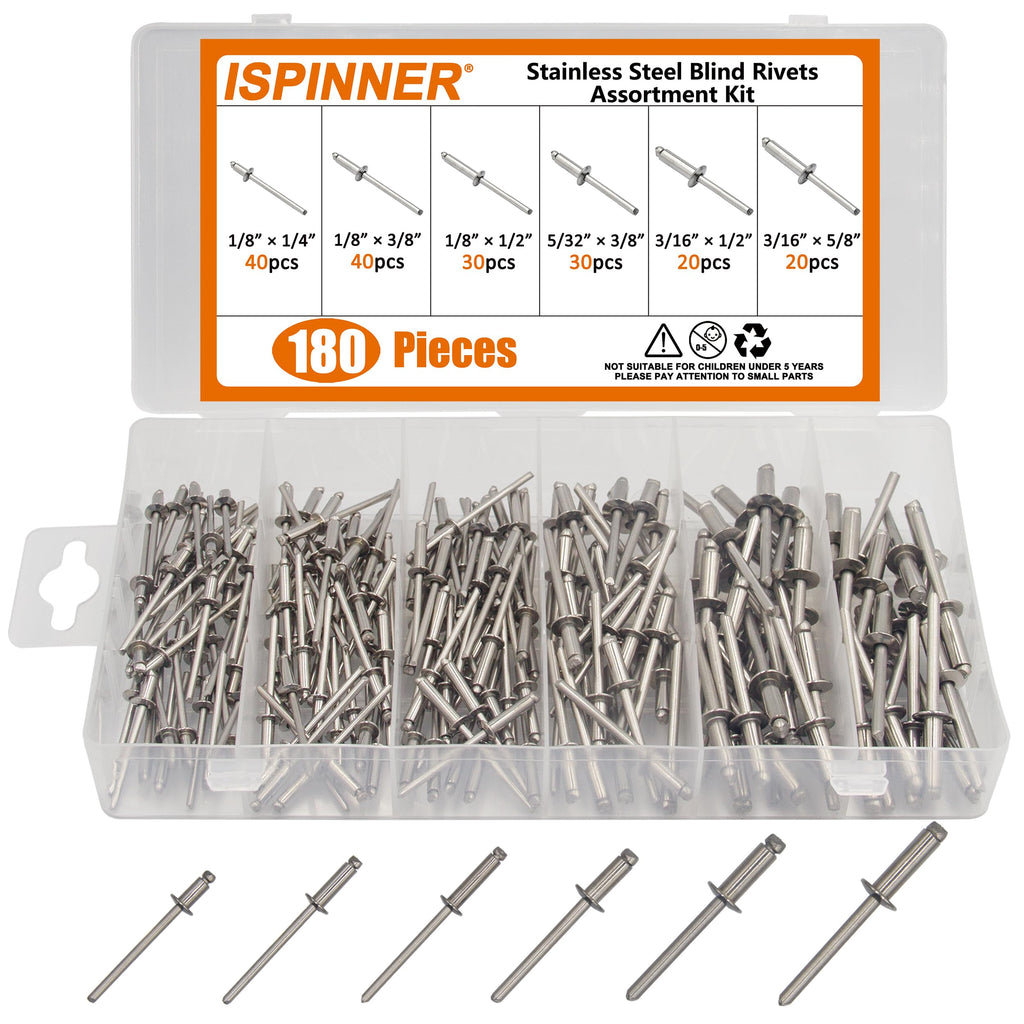 ISPINNER 180pcs Stainless Steel Blind Rivets, 1/8" 5/32" 3/16" Pop Rivets 6 Sizes Assortment Kit