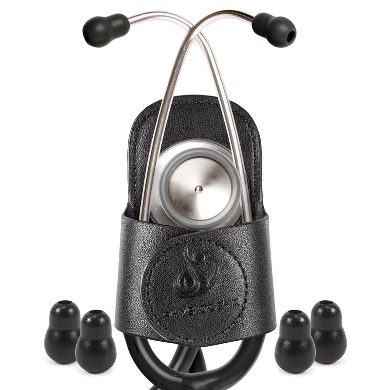 [Australia - AusPower] - Stethoscope Holder Hip Clip With Upgraded Secure Magnetic Closure - Our Hygienic is Designed to Hold All Brands & Styles Includes Replacement Ear Tips (Obsidian Black) 