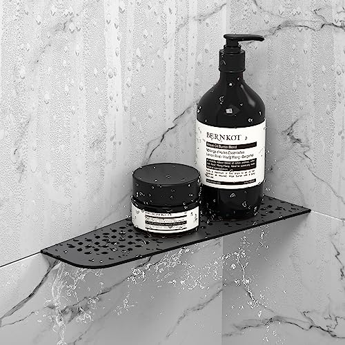 Black 12-inch stainless steel corner shower shelf by Bernkot, quadrilateral design with sleek, modern look for bathroom organization.