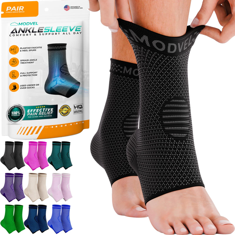 [Australia - AusPower] - Modvel Foot & Ankle Brace Socks for Sprained Ankle Compression Sleeve - Plantar Fasciitis Relief Brace, Foot Support for Women & Men - Tendonitis & Arthritis Foot Sleeve, Stabilizing Ankle Wrap Large A Black 2 