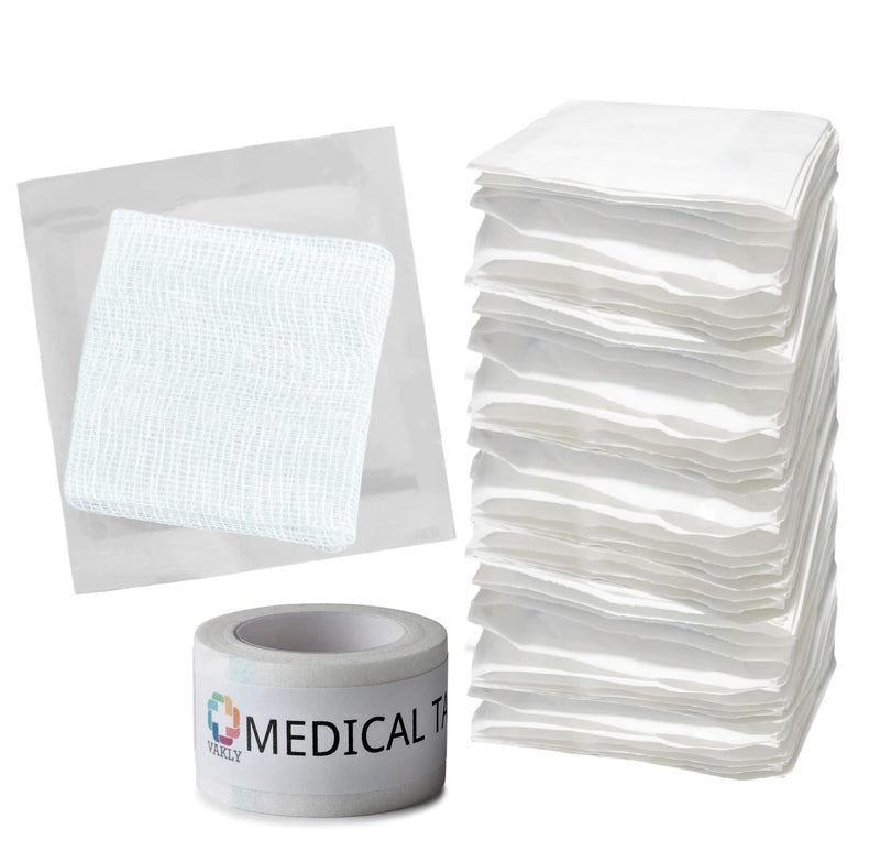 [Australia - AusPower] - Sterile 2'' x 2'' Gauze Pads 12-Ply [Pack of 100] Highly Absorbent 100% Cotton 2x2 Woven Dressing Sponges for First Aid Wound Care - Individually Packed Pouches + 1 Roll of Medical Tape - 2''x2'' 2x2 (100 Pack) 