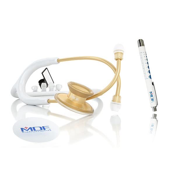 [Australia - AusPower] - MDF Instruments Acoustica Lightweight Stethoscope for Doctors, Nurses, Students, Gold/White Tube + MDF LUMiNiX Illuminator Medical Professional Diagnostic Penlight 